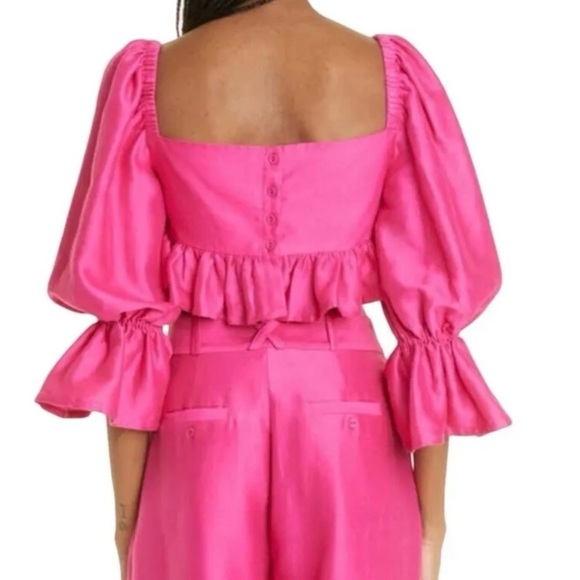 NWOT $295 ALEMAIS Blaire Ruffle Blouson Crop Top Fuchsia Button Back US 2 - Picture 2 of 12
